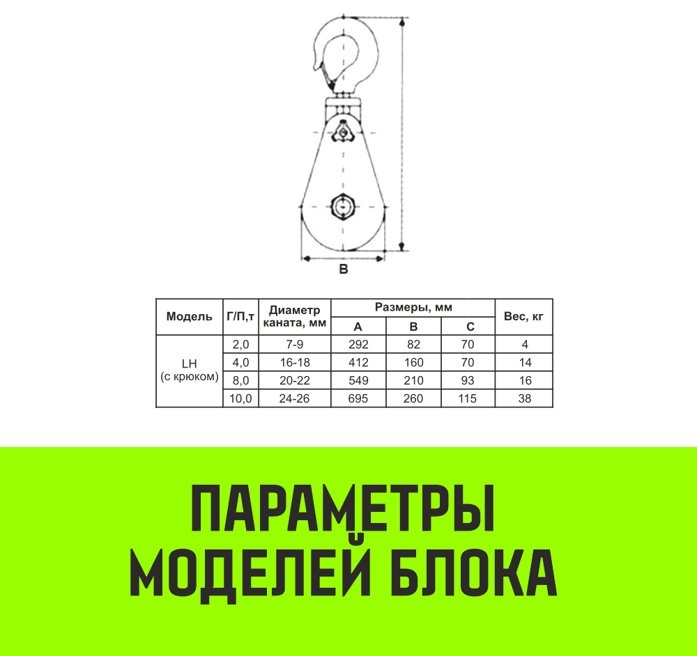 Блок однорольный шкивовый усиленный с крюком HITCH LH